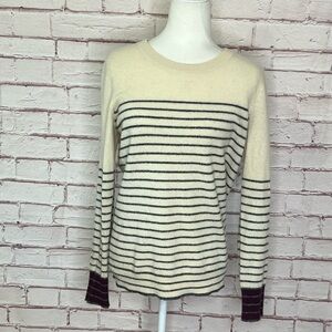 White + Warren 100% Cashmere Striped Pullover Sweater Cream/Black Size Large